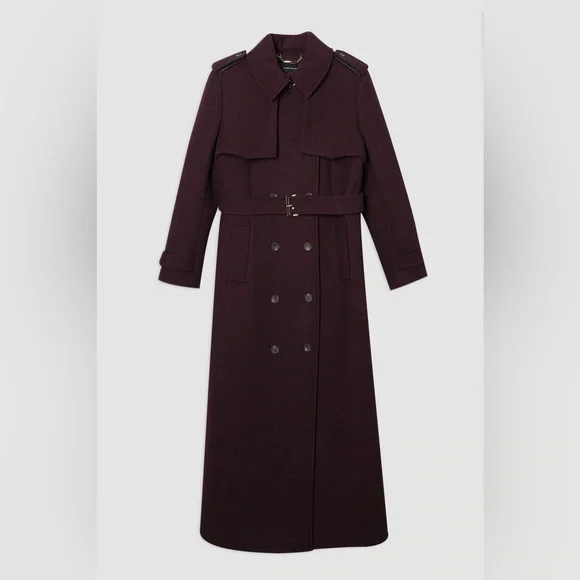 Wool Mix Tailored Belted Trench Maxi Coat - Wine